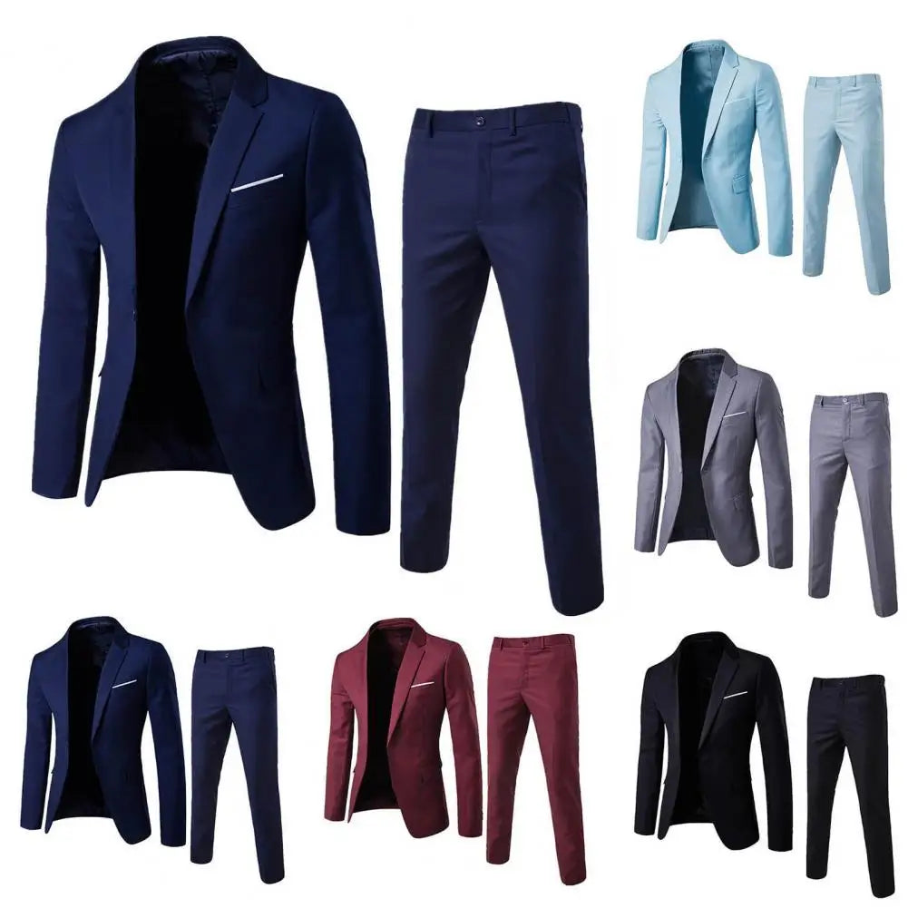 1 Set Men Blazer Pants Solid Color Long Sleeve Slim Fit Turndown